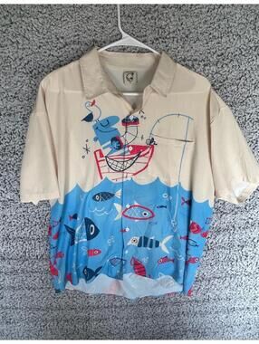 Hardaddy Fish Button Up Shirt Men’s Medium Beige Blue Colorful